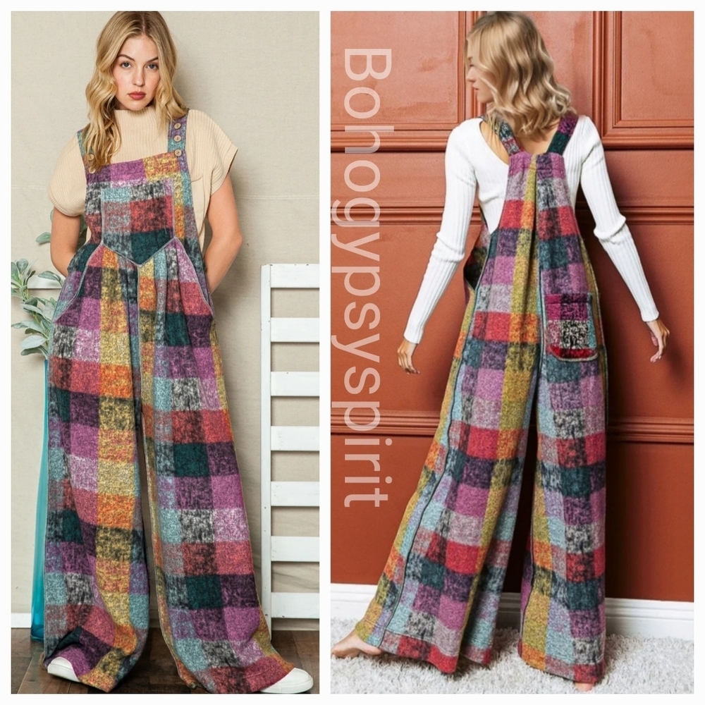 Patchwork Plaid Fleece Wideleg Jumpsuit Overalls - Picture 4 of 16